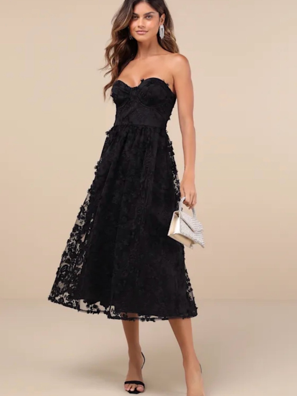 NWT Lulu's Black Strapless Floral 3D Lace Bustier Midi Dress size Medium